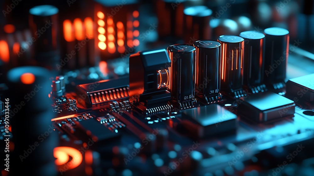 Poster illuminated circuit board components closeup view