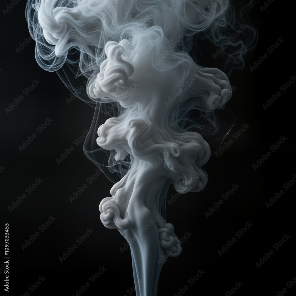 Poster White smoke swirls on black background. Abstract steam texture. Foggy mist. Airy gas. Fluid motion. Design element. Vapor wave. Flowing pattern. Magic effect. Dark space. Clean studio. Clean