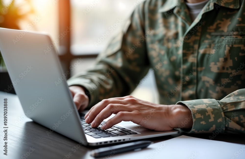 Poster soldier uses laptop. military man works on notebook computer. army person types on keyboard. person 