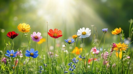 Colorful Wildflowers Blossom In Sunny Meadow