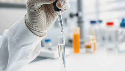 Scientist working in laboratory,close-up shot of a human hand, wearing a pair of specialized laboratory gloves,conducting a test over a test "Conducting a test over a test tube.