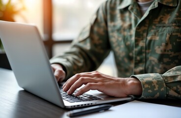 Soldier uses laptop. Military man works on notebook computer. Army person types on keyboard. Person in uniform at desk. Closeup hands. Digital communication. Online work. Military service.