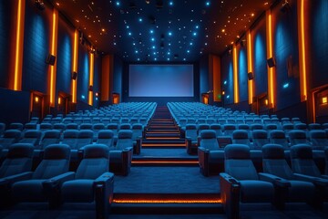 empty cinema hall bathed in cool blue tones, featuring a blank white screen and rows of seating, creating a serene and inviting atmosphere for film enthusiasts
