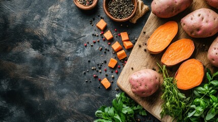 Sweet Potatoes Herbs and Spices Ready for Cooking