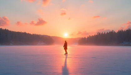 Fototapeta premium A lone figure skating on a frozen lake at sunset, casting long shadows with orange and pink sky