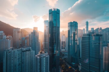 A view of a modern cityscape with sleek skyscrapers reaching towards a blue sky with white clouds A cityscape dominated by a sleek and modern skyscraper