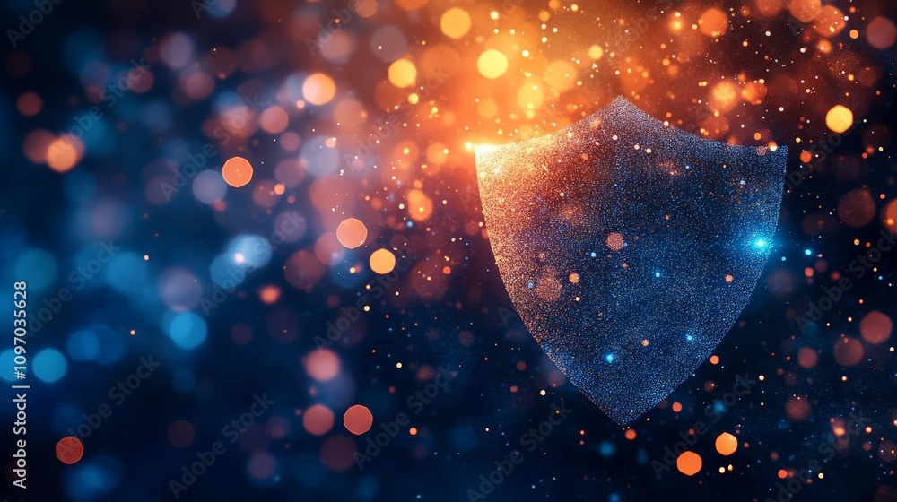 Poster a vibrant digital background featuring a shield shape overlayed with glowing lights and particles, r