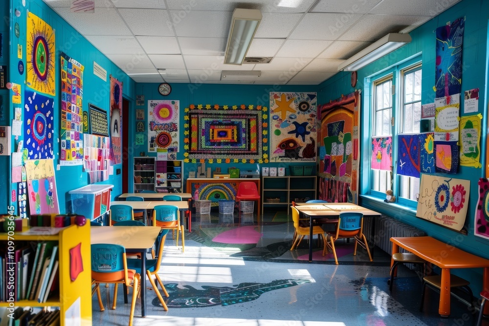 Poster a classroom filled with colorful artwork and posters displayed on the walls a classroom filled with 