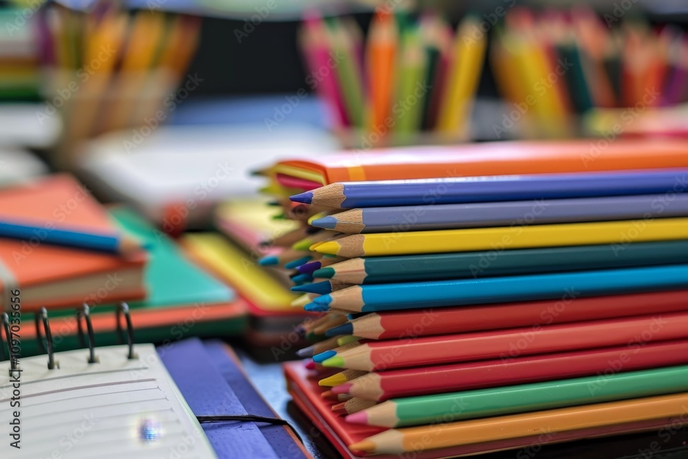 Poster an orange notebook with pencils sits on a desk in a classroom with colorful notebooks and pencils in