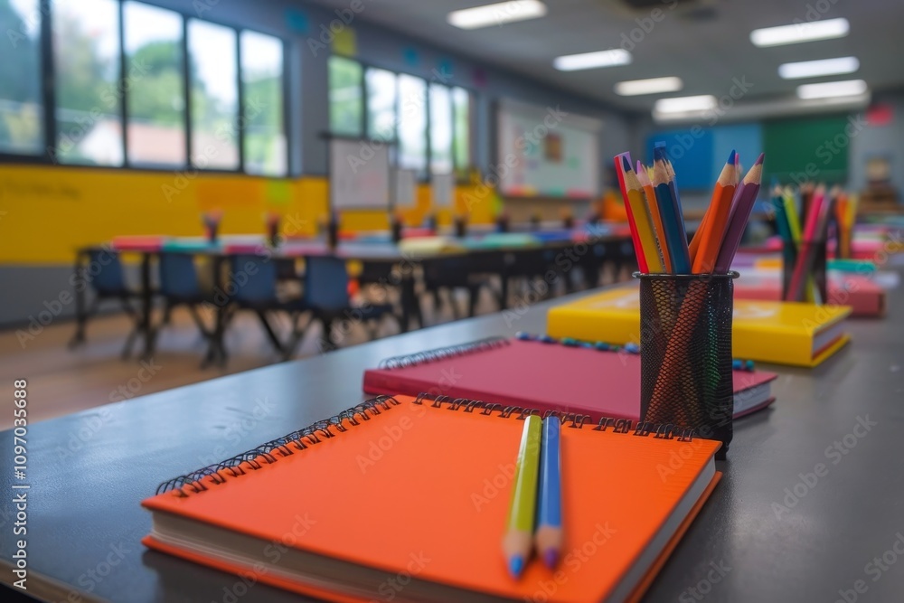 Poster a close-up shot of colorful pencils and stacked notebooks in a classroom environment a classroom fil