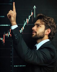 Confident male financial analyst pointing at a rising stock market graph.