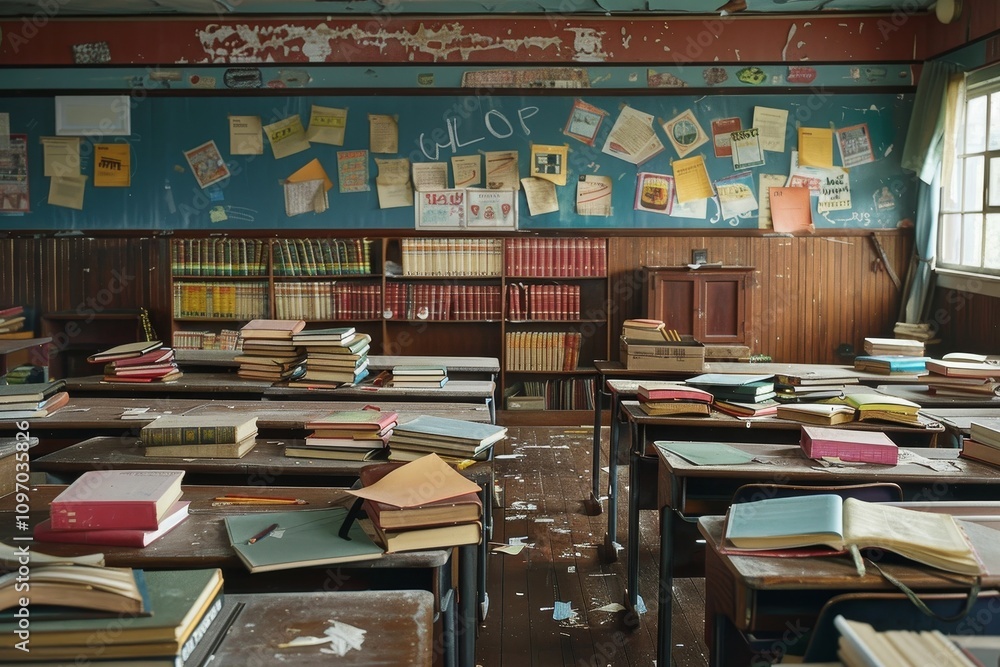 Poster an abandoned classroom with desks and textbooks scattered throughout a classroom setting with textbo