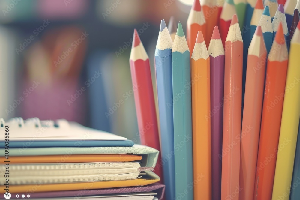 Poster a close-up view of colorful pencils arranged in a classroom setting a classroom filled with colorful
