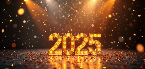 Golden 2025 illuminated on stage. Confetti rain falls. Spotlights shine. New Year party. Celebration. Festive. Bright Shiny Sparkling. Holiday. 2025 event. Happy New Year.