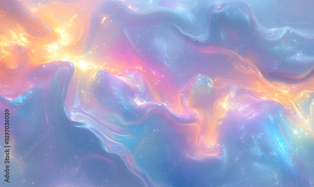 Poster a seamless iridescent opal texture with celestial patterns and a soft, glowing aura