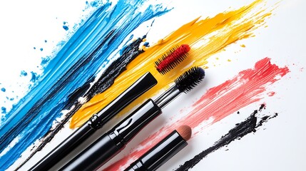 Fototapeta premium Colorful makeup brushes against vibrant strokes of paint. A close-up showcasing the textures and hues of cosmetics.