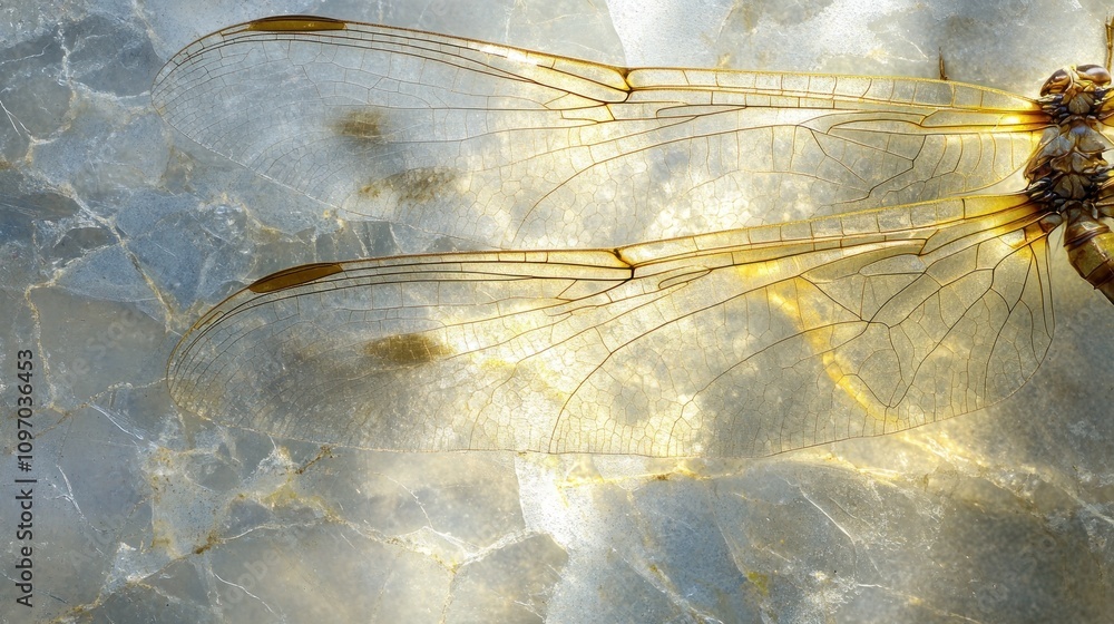Poster close-up of delicate insect wings on a translucent surface, highlighting intricate details.