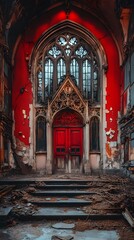 Fototapeta premium A striking red door in a decaying gothic church interior.