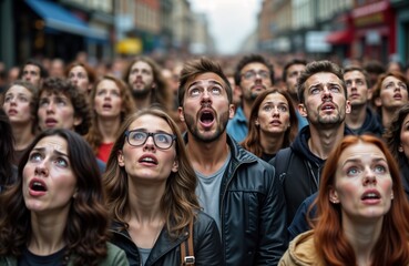Crowd looks up city street. People watch event. Many amazed faces. Urban public surprise. Curious onlookers observe. City life scene. Public gathering. People stare skyward.