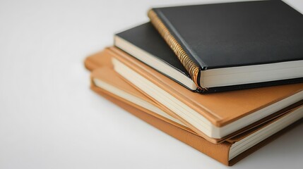 A stack of notebooks in varying shades of brown and black, showcasing elegant design and texture. Perfect for organization or creative journaling.