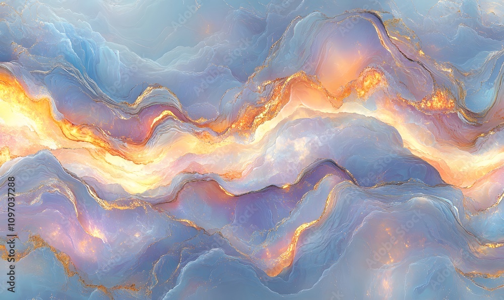 Poster a seamless iridescent opal texture with celestial patterns and a soft, glowing aura