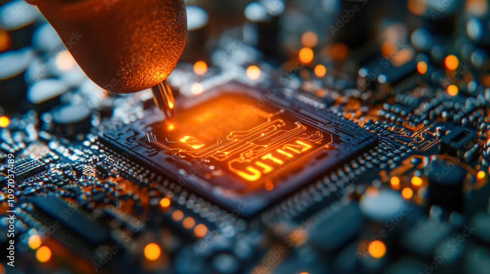 Poster close-up of an illuminated computer processor on a glowing motherboard, emphasizing technology and i