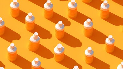 Vibrant orange bottles arranged in a repeating pattern against a sunny yellow background.  The bright colors and clean lines create a cheerful and modern aesthetic.