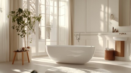 Fototapeta premium Modern Minimalist Bathroom With Freestanding Tub And Plant