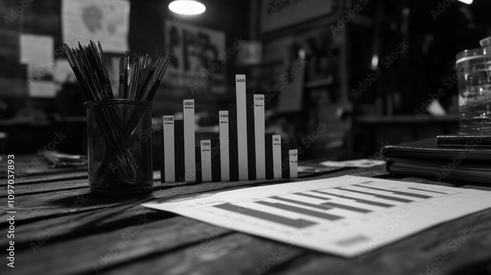 Poster a monochrome workspace featuring bar graphs and stationery, suggesting analysis or planning.