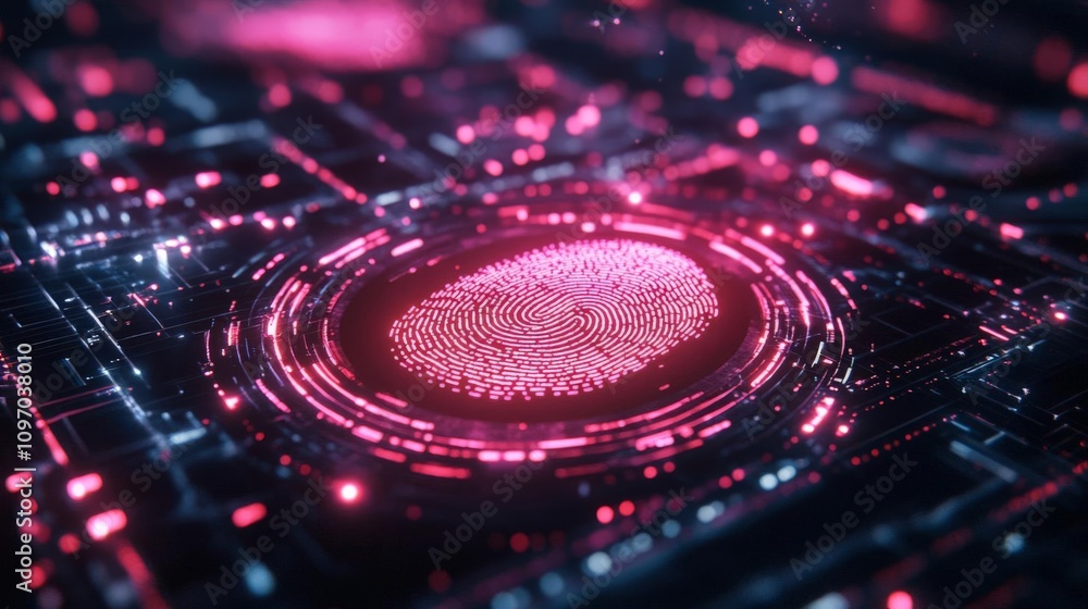 Poster a vibrant digital interface showcasing intricate circuits and a glowing fingerprint in pink hues, re