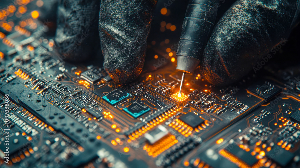 Poster close-up of precise soldering on a glowing circuit board with a detailed microchip layout and orange