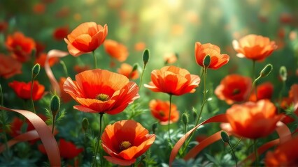 Obraz premium Anzac Day poppies, long exposure, ribbon banner, AI art.