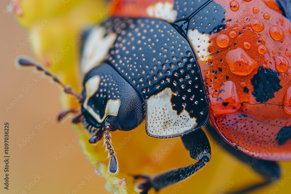 Poster a macro photograph of a ladybugs intricate spots and pattern, showcasing the beetles unique beauty i