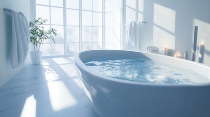 Serene Modern Bathroom With Oval Tub And Sunlight
