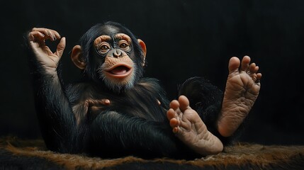 Playful young chimpanzee relaxing on a dark background, showcasing its expressive face and adorable features. The dark setting enhances the primate's charm.