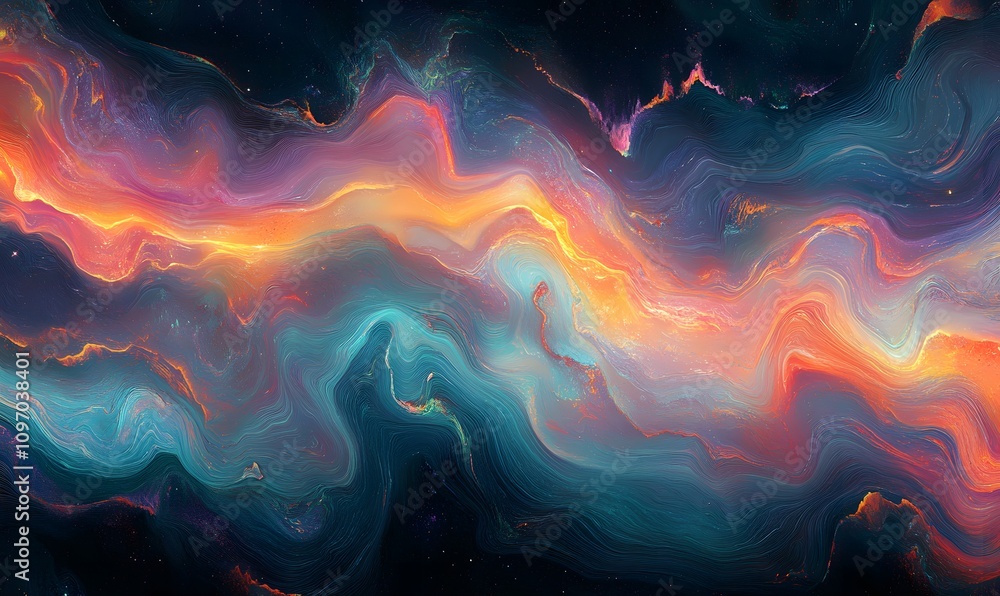Poster an opal texture featuring seamless, flowing wave patterns with iridescent colors and cosmic underton