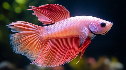 Obraz premium Stunning close-up of a vibrant coral-colored betta fish with flowing fins, showcasing its elegance and beauty in an aquatic setting.