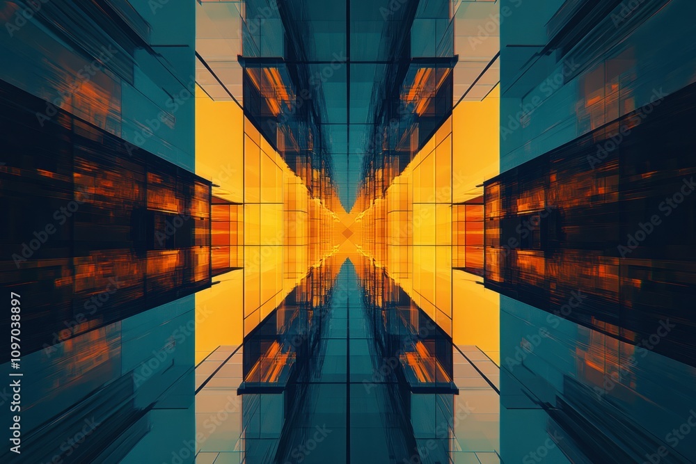 Aufkleber a symmetrical abstract design featuring vibrant orange and blue reflections in glass structures.