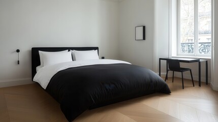 Fototapeta premium Modern Minimalist Bedroom with Black Bedding and Natural Light in Contemporary Design, Featuring Stylish Black Furniture and Elegant Décor