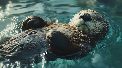A sea otter floats serenely on its back in a tranquil teal-colored body of water, its paws resting gently on its chest. Sunlight glistens on the water's surface.