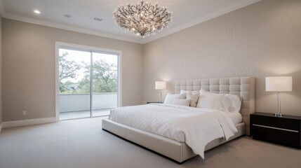 Modern and Elegant Bedroom Design Featuring a Plush Bed, Artistic Chandelier, Soft Lighting, and Inviting Neutral Tones with Large Windows for Natural Light
