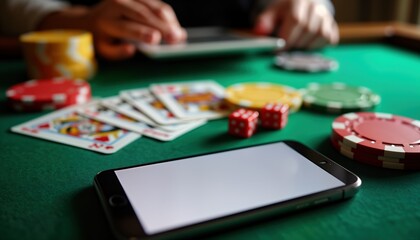 Fototapeta premium Online casino game. Smartphone on green table. Playing cards dice chips. Gambling app. Man plays poker. Bet luck win. Chance success. Risk fortune. Entertainment nightlife.