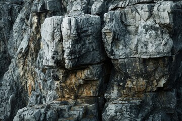 Fototapeta premium A closeup view of weathered rock formations jutting out from a cliff face A close-up of weathered rock formations jutting out from the mountainside