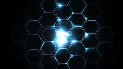 Abstract hexagon pattern glowing bright blue in the dark. Futuristic technology background.