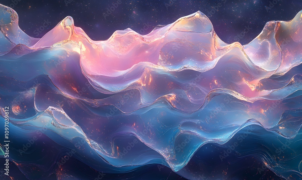 Poster an opal texture featuring seamless, flowing wave patterns with iridescent colors and cosmic underton