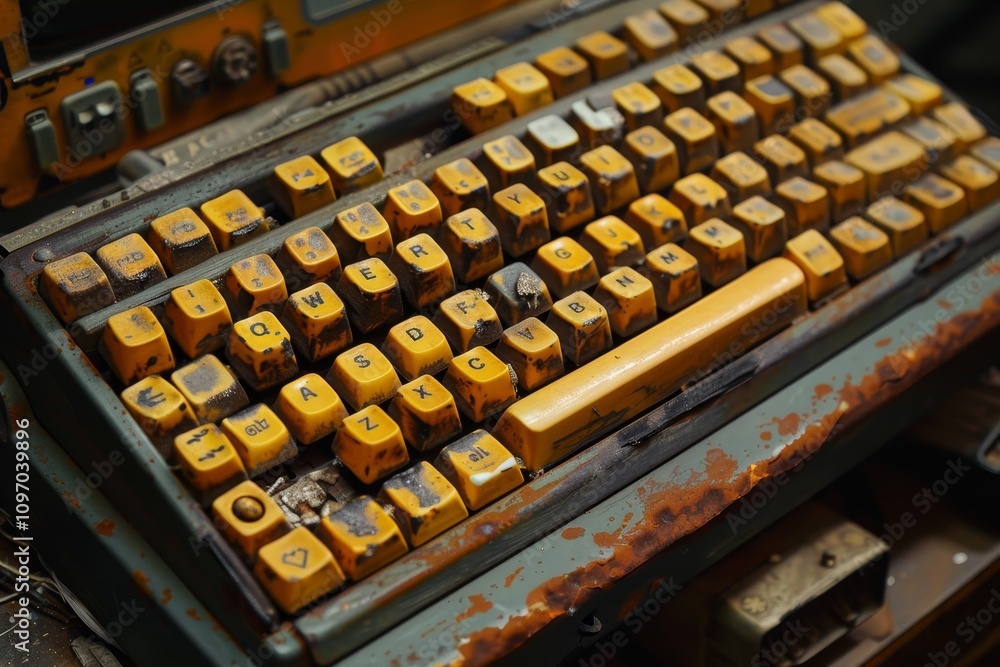 Poster close-up of a vintage keyboard with yellowed keys and a rusted exterior a clunky keyboard with yello