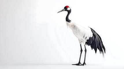 Obraz premium Elegant red-crowned crane standing against a minimalist white background. The bird's striking black and white plumage contrasts beautifully with the clean backdrop.
