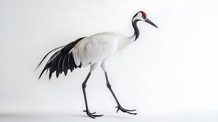 Obraz premium A majestic red-crowned crane gracefully strides across a minimalist white backdrop, its elegant form and striking black and white plumage creating a captivating contrast.