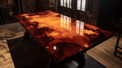 A mesmerizing resin table, rich with fiery orange and deep black tones. The glossy surface reflects the surrounding light, enhancing its captivating allure.