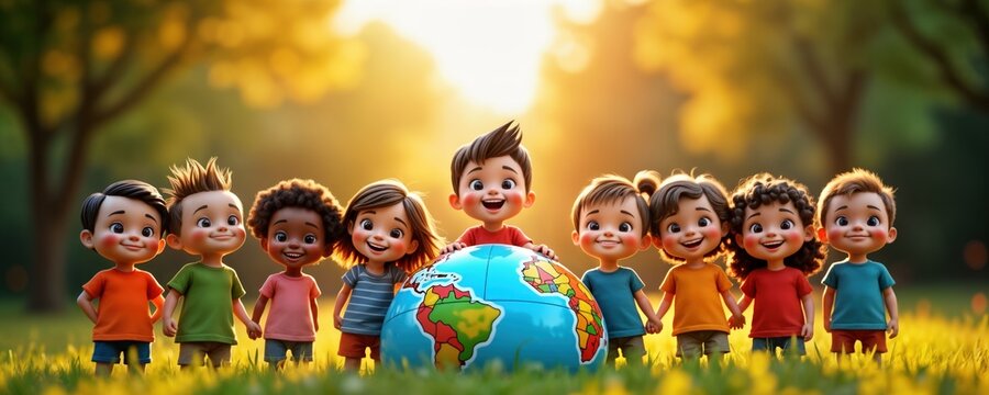 Happy diverse kids stand around globe. Children smile hold hands. International Childrens Day. Global friendship education concept. Earth map. Primary school students learn geography